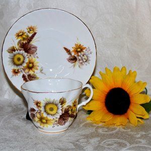 Vintage Royal Minster Cup & Saucer with Yellow and White Floral w/Gold Trim